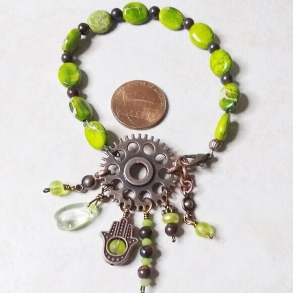 Green Sea Sediment Jasper & Copper Bracelet! Steampunk Elements w. Hamsa Hand - Picture 1 of 9